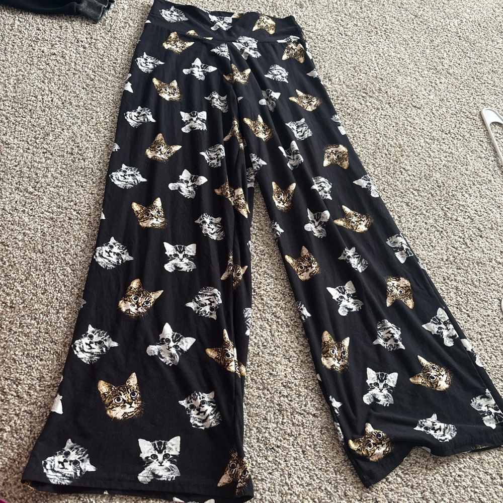 Cat Print Wide-Leg Pants